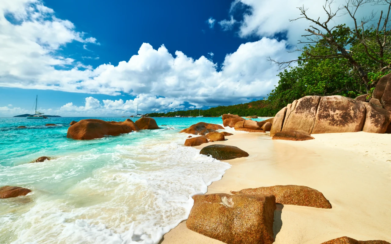 Beautiful view of Anse Lazio Beach in Seychelles with pristine white sands and turquoise waters