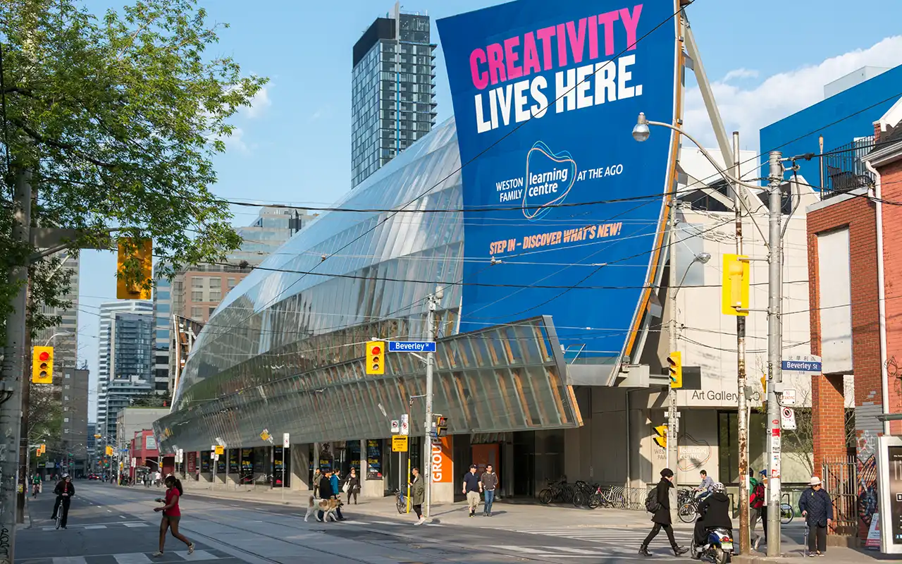 Exterior view of the Art Gallery of Ontario, showcasing various artworks and exhibitions