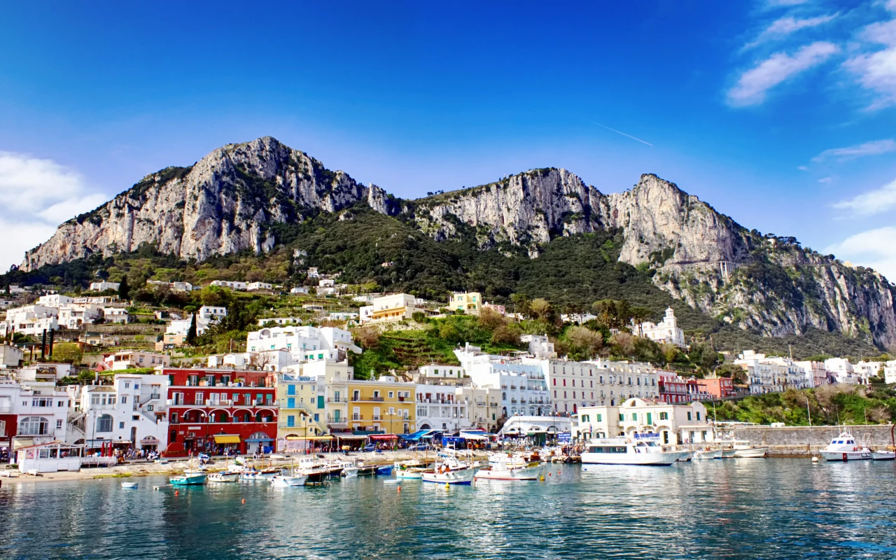Picturesque view of Capri Island with its colorful buildings and beautiful coastline