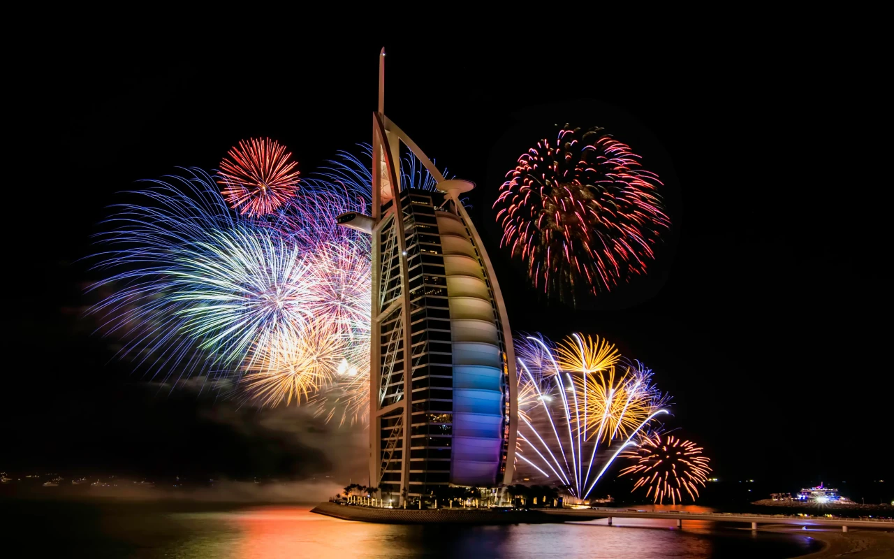 Stunning skyline view of Dubai city with its iconic skyscrapers, luxurious hotels, and beautiful waterfront.