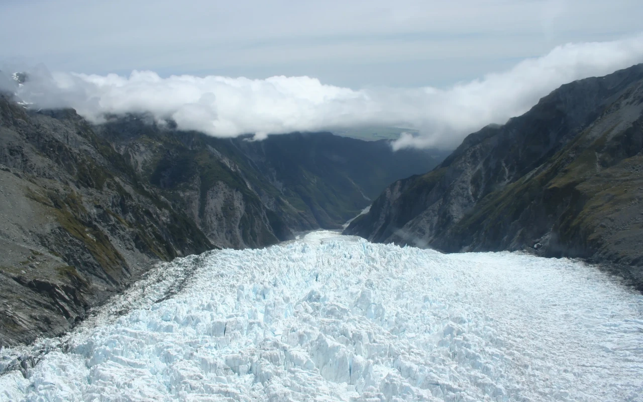 Majestic view of Franz Josef Glacier, a stunning icy landscape in Westland Tai Poutini National Park, New Zealand