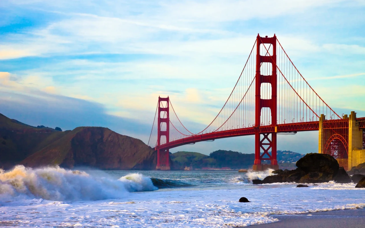 Golden Gate Bridge during sunset over the water