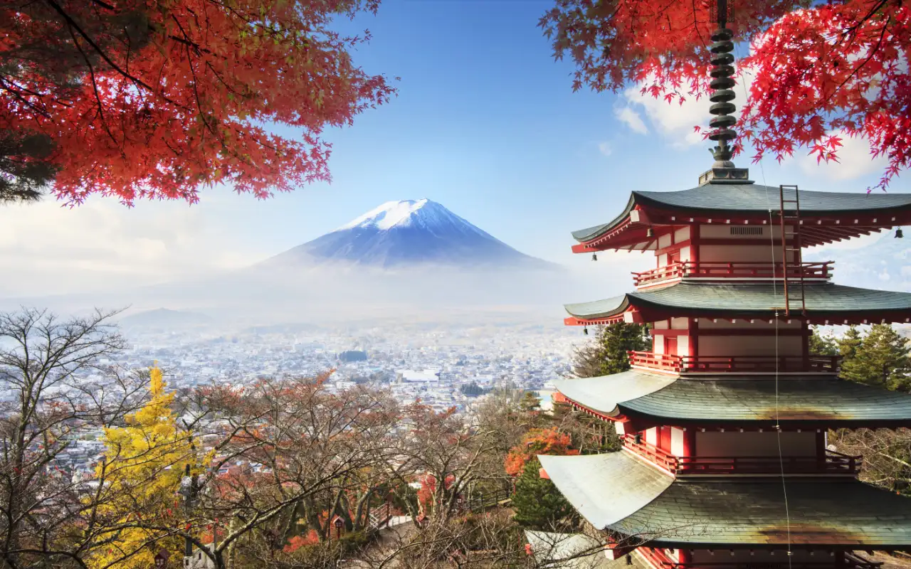 Traditional Japanese scenery with iconic landmarks and cherry blossoms