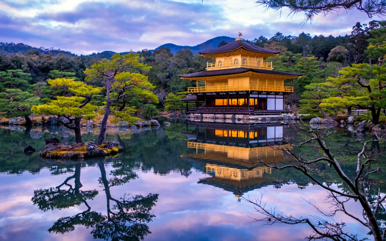 Kinkakuji Temple in Kyoto, Japan - a UNESCO World Heritage Site and iconic Zen temple also known as the Golden Pavilion, featuring a stunning golden facade and beautiful gardens.