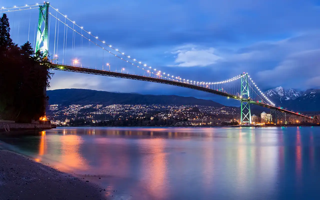 Iconic Lions Gate Bridge in Vancouver at Sunset