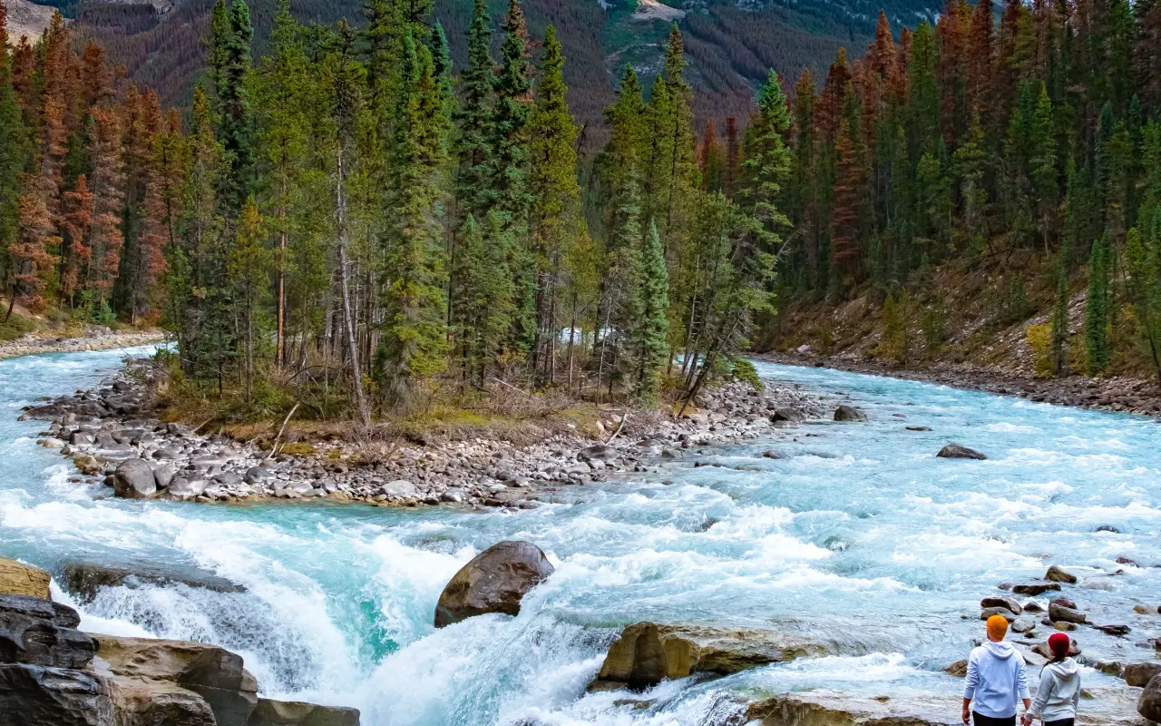 Two people standing near a waterfall in a lush natural setting