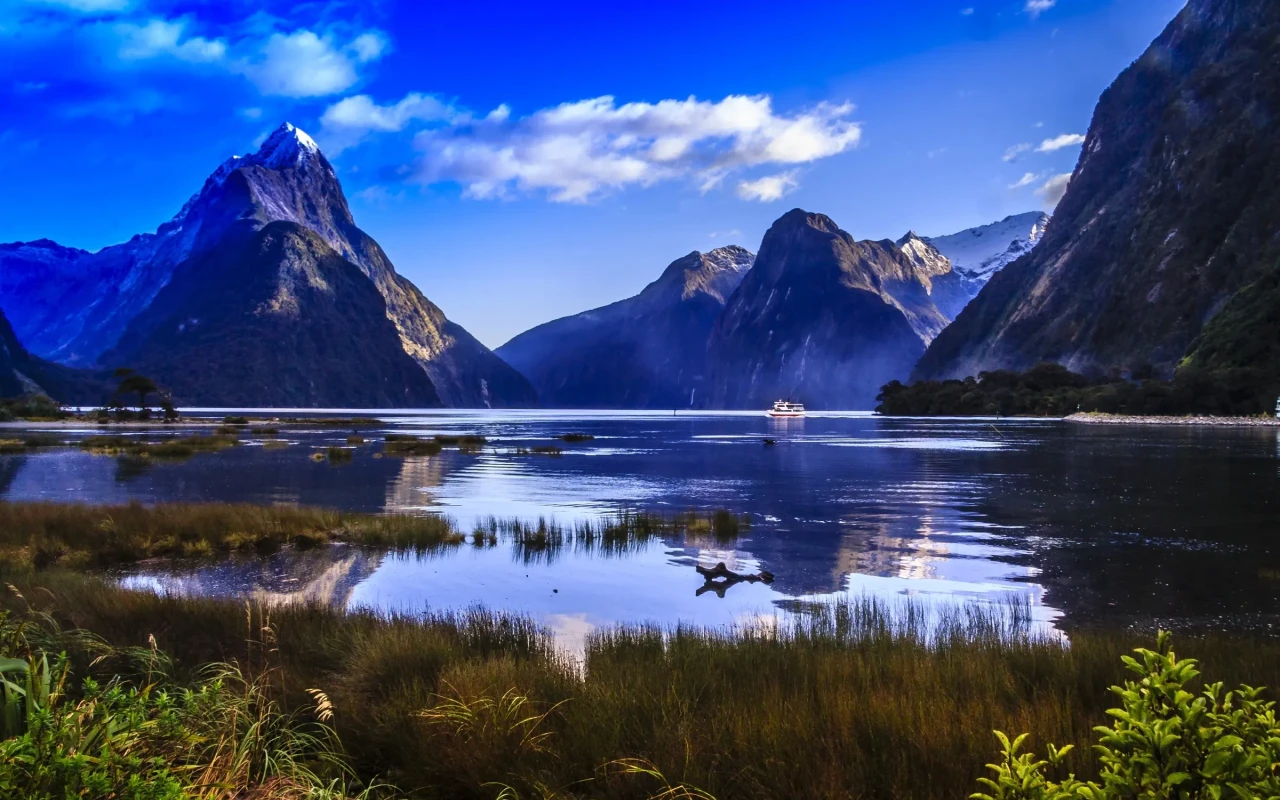 A stunning view of Milford Sound with majestic mountains, lush greenery, and crystal clear waters