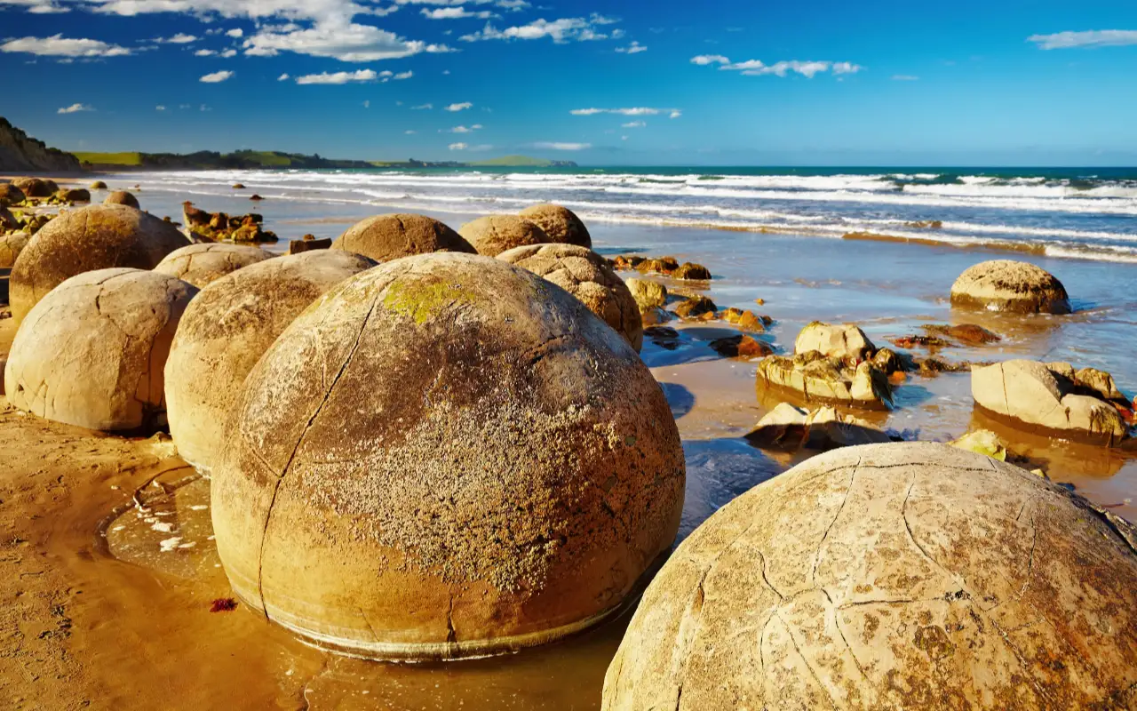 Photo of the 65 million year old Moeraki Boulders