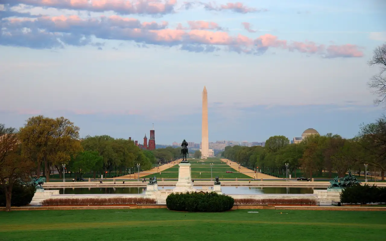 Scenic view of the National Mall with iconic monuments and vibrant greenery