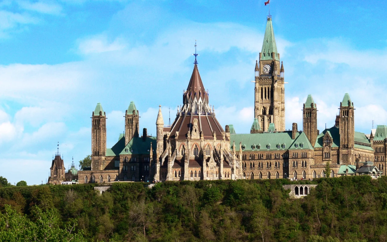 View of iconic parliament buildings against a clear sky