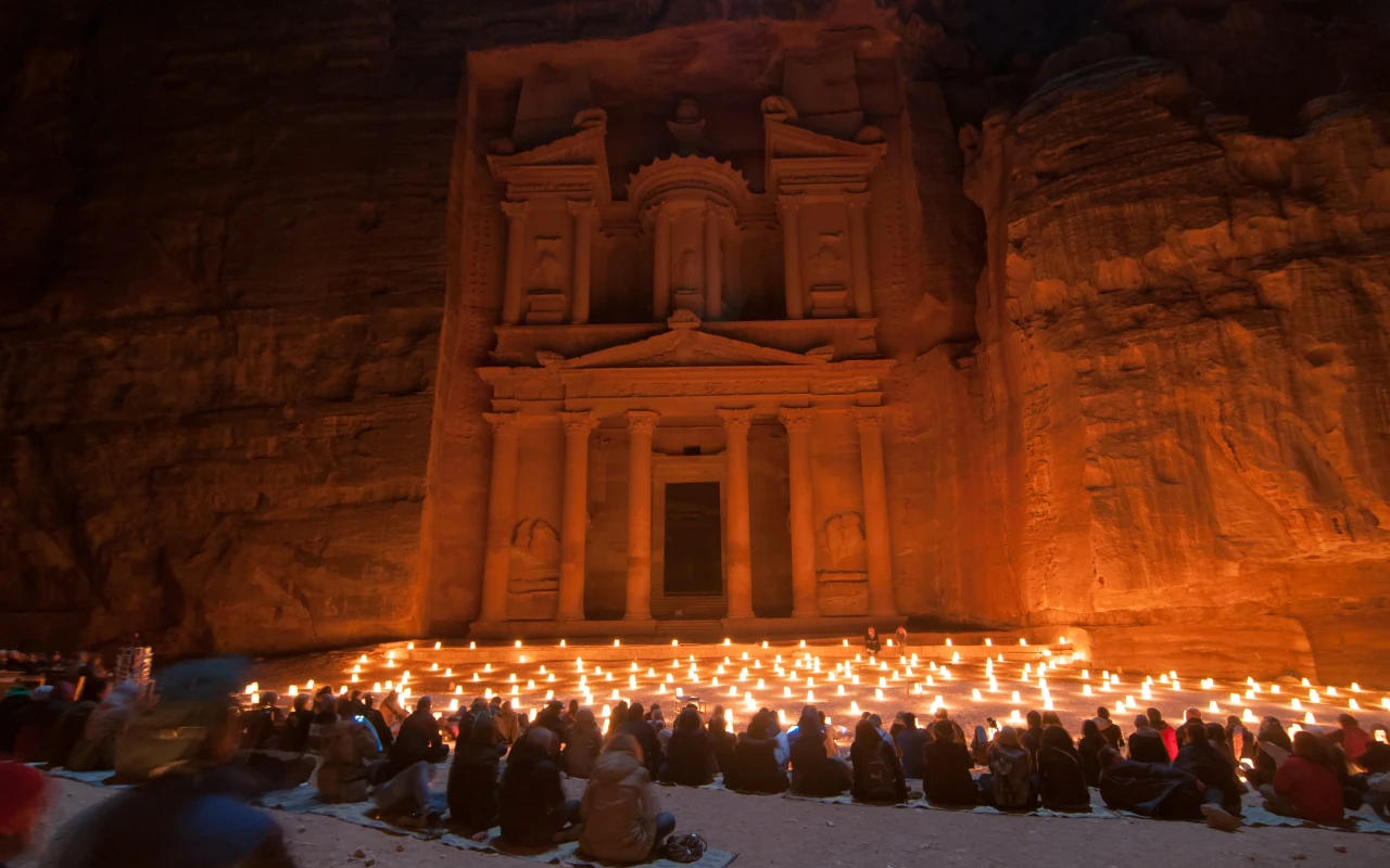 Majestic view of illuminated Petra, Jordan at night