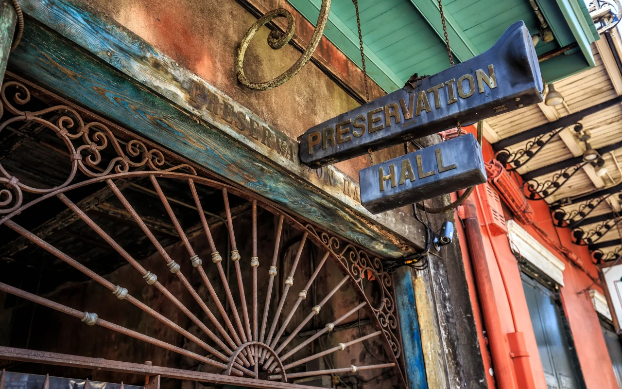 Image of the iconic Preservation Hall, a historic music venue in New Orleans