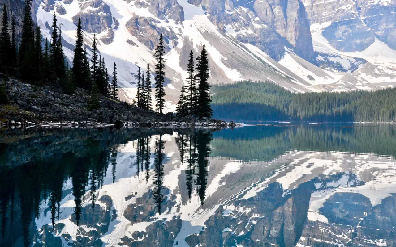 Mountain lake with trees reflecting on the water