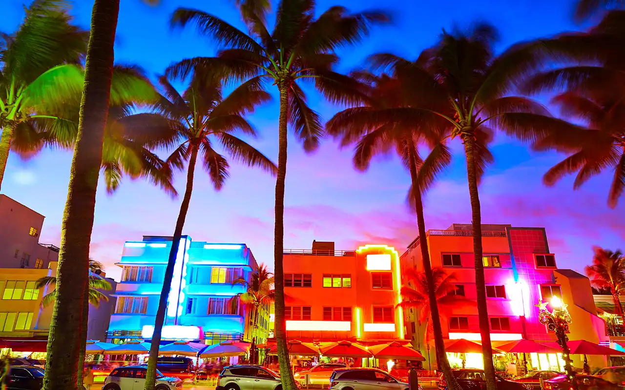 Panoramic view of the vibrant South Beach with pristine sandy shores and crystal blue waters