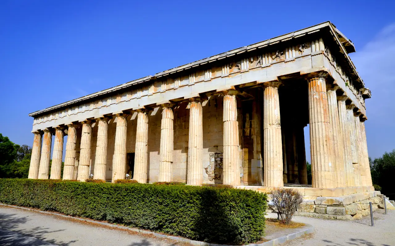 Temple Of Hephaestus in Athens, Greece - a well-preserved ancient temple dedicated to the god of metalworking and craftsmanship, featuring stunning architecture and intricate details.