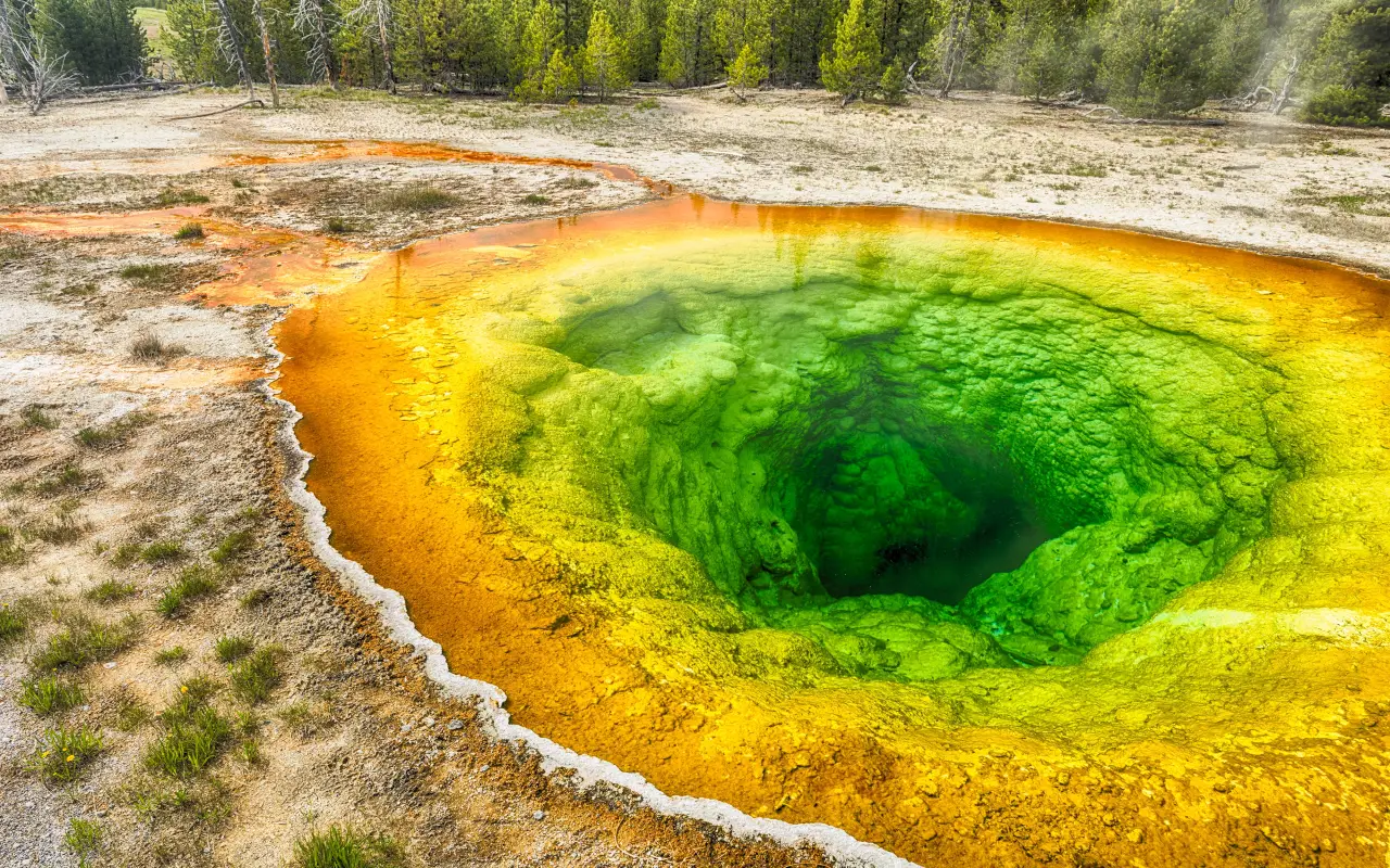 Aerial view of the Grand Prismatic Spring with vibrant colors in Yellowstone National Park