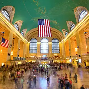 Grand Central Terminal interior with bustling crowds and ornate architecture