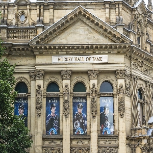 Hockey Hall of Fame entrance with famous players