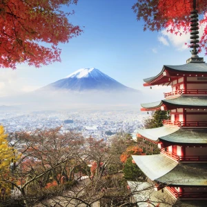 Traditional Japanese scenery with iconic landmarks and cherry blossoms
