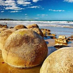 Photo of the 65 million year old Moeraki Boulders