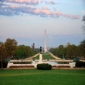 Scenic view of the National Mall with iconic monuments and vibrant greenery