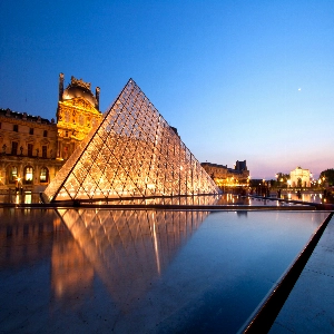 View of the Louvre during sunset.