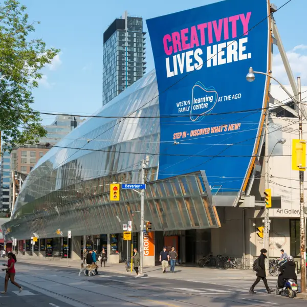 Exterior view of the Art Gallery of Ontario, showcasing various artworks and exhibitions