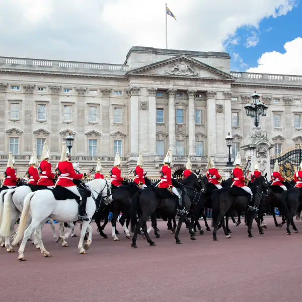 An impressive view of Buckingham Palace, the historic royal residence in London