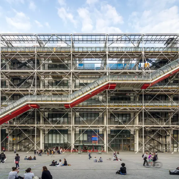 A vibrant view of Centre Georges Pompidou, a modern art museum and cultural center in Paris, showcasing its unique architectural design