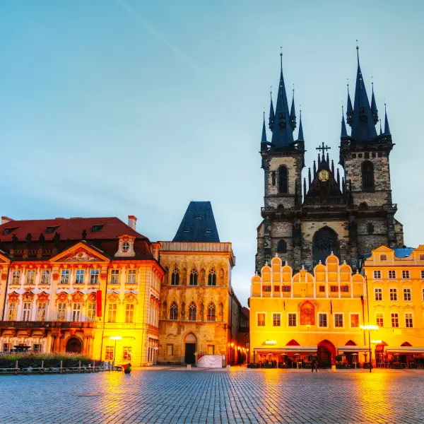 Stunning view of the Church of Our Lady before Tyn with its iconic spires and architecture