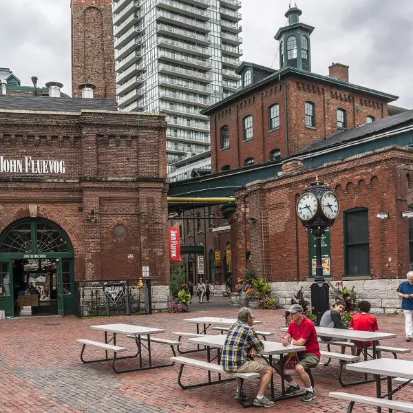 Historic Distillery District in Toronto, featuring cobblestone streets, Victorian-era buildings, and charming atmosphere