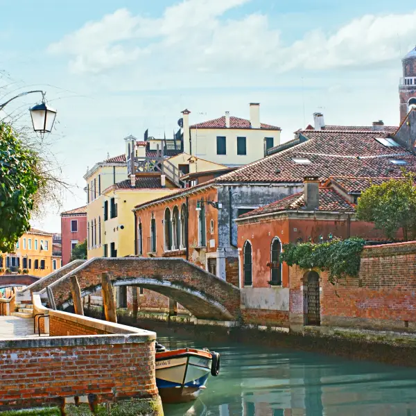 Aerial view one of the most popular things to do in Venice, exploring the picturesque Dorsoduro district of Venice with its historic architecture and winding canals