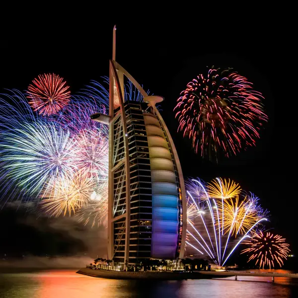 Stunning skyline view of Dubai city with its iconic skyscrapers, luxurious hotels, and beautiful waterfront.