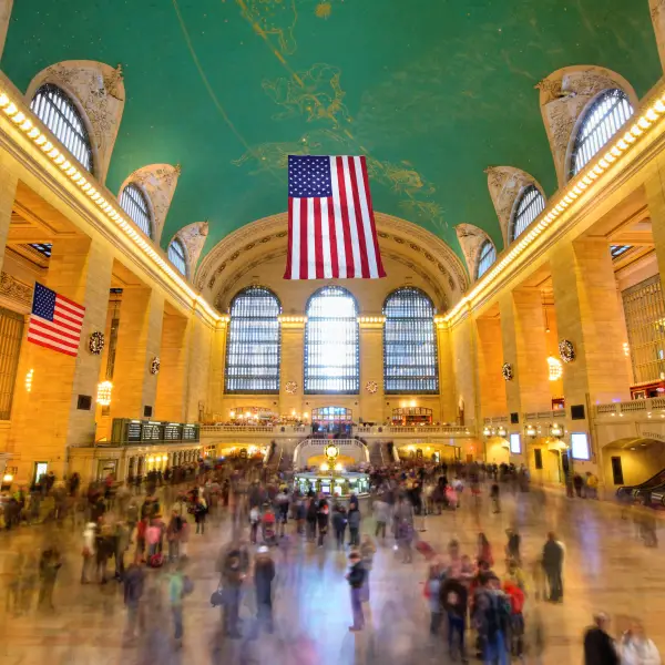 Grand Central Terminal interior with bustling crowds and ornate architecture