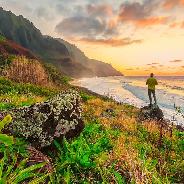 Scenic view of the beautiful Hawaiian Islands with lush green landscape and crystal clear blue waters.