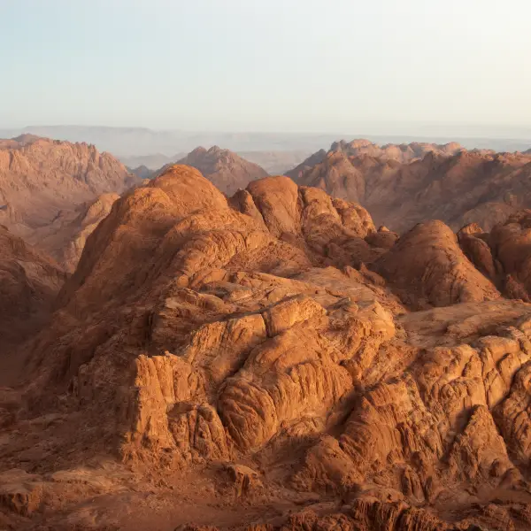 Stunning view of Mount Sinai's rugged peaks and surrounding desert landscape in Egypt