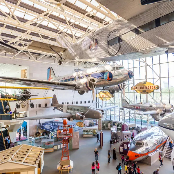 National Air and Space Museum exhibit showcasing aircraft and spacecraft history and innovation