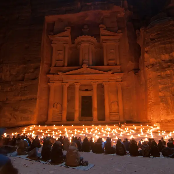 Majestic view of illuminated Petra, Jordan at night