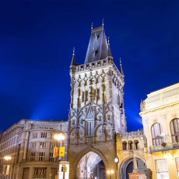 powder-tower-night-prague-czech-republic-gothic-architecture