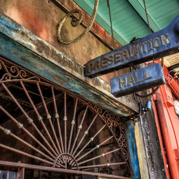 Image of the iconic Preservation Hall, a historic music venue in New Orleans