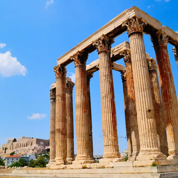 Temple Of Olympian Zeus in Athens, Greece - a massive ancient temple dedicated to Zeus, featuring towering columns and ruins, and a fascinating glimpse into the architectural and cultural legacy of ancient Greece.