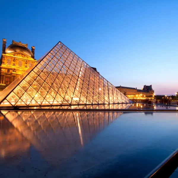 View of the Louvre during sunset.