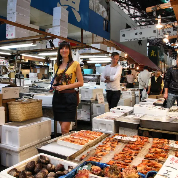 Early morning bustling activity at Tsukiji Fish Market in Tokyo, Japan