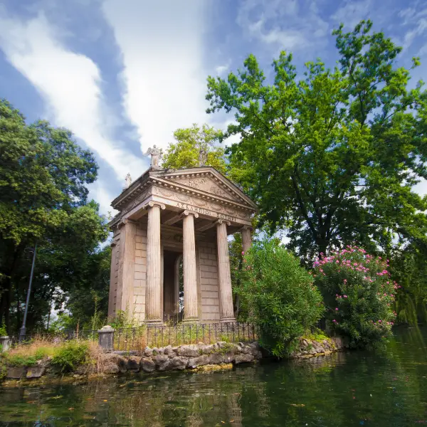 Panoramic view of the lush green Villa Borghese Gardens in Rome